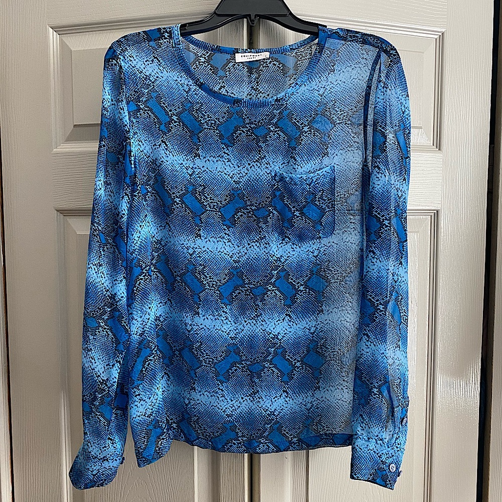Equipment Silk Sheer Snakeskin Print Print Blue Blouse